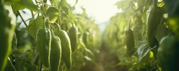 Beautiful ripe green pepper on branch in amazing sunny garden. - Powered by Adobe
