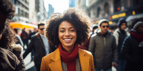 Generative AI image of smiling afro woman in New York City