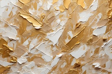 Closeup of abstract gold, white texture background. Oil, acrylic brushstroke, pallet knife paint on canvas. Art Canvas Banner.