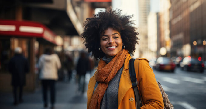 Generative AI image of a joyful afro woman in NYC