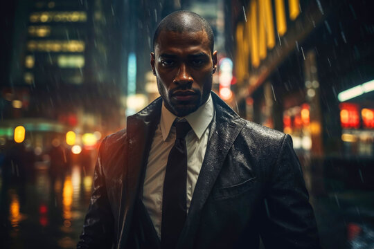 Generative AI portrait of a businessman in rainy New York