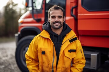 Handsome smiling man in yellow raincoat standing near truck.