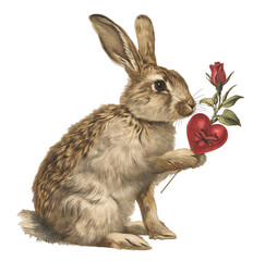 Obraz premium A drawn hare holds a heart with a red rose. Vintage illustration of a cute bunny. Isolated on a transparent background.