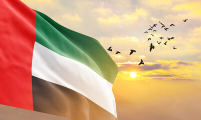 Waving flag of United Arab Emirates against the background of a sunset or sunrise. United Arab Emirates flag for Independence Day. The symbol of the state on wavy fabric. - obrazy, fototapety, plakaty
