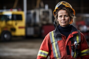 Portrait of a female firefighter standing in front of a fire truck - Powered by Adobe