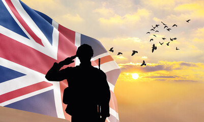 Silhouette of a soldier with the United Kingdom flag stands against the background of a sunset or...