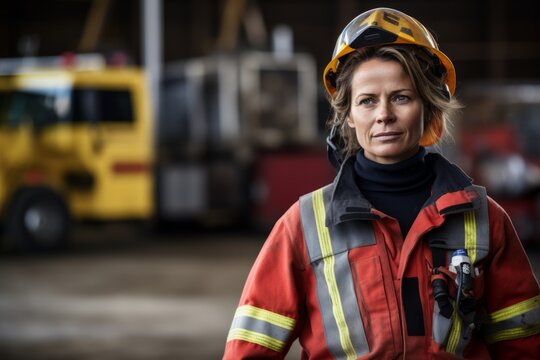 Portrait Of A Female Firefighter Standing In Front Of A Fire Truck