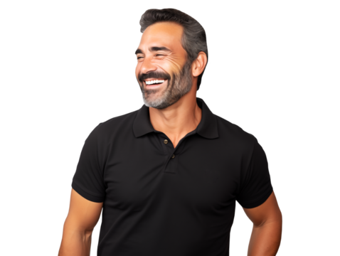 joyful man laughing in black polo shirt isolated on transparent background