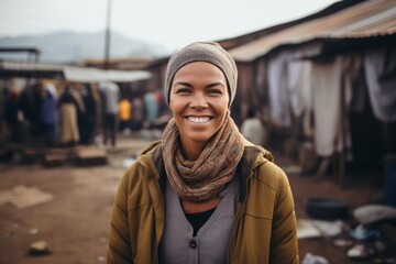 Portrait of smiling african american woman in beanie and coat standing at market stall