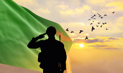 Silhouette of a soldier with the Zambia flag stands against the background of a sunset or sunrise....
