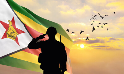 Silhouette of a soldier with the Zimbabwe flag stands against the background of a sunset or sunrise. Concept of national holidays. Commemoration Day. - obrazy, fototapety, plakaty