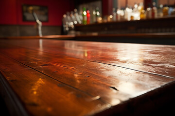 Close up eye level view of a bar counter top, modern setting