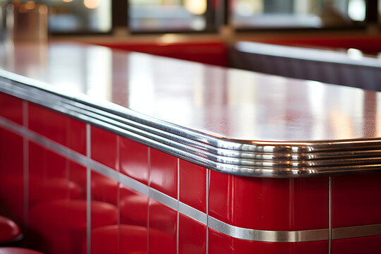 Close up eye level view of an empty diner counter top