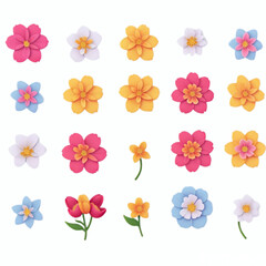 set of flowers, 3d, vector, cartoon