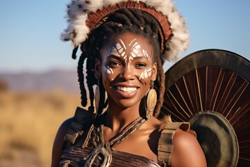 Beautiful young African American woman in traditional clothing and makeup posing in the desert.