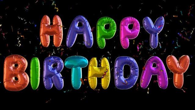 Happy Birthday text and colorful confettis animation. Alpha channel PNG codec (only original 4K version) transparent background. Streamlabs OBS Overlay decoration. Birthday celebration concept