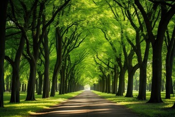 Obraz premium Sun-dappled path through a vibrant green park with tall trees