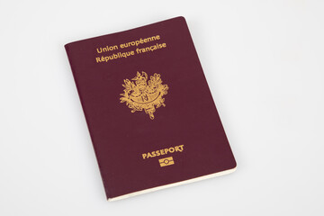 european biometric passport for the french republic on white grey background