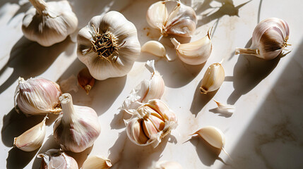 Garlic bulbs and garlic cloves on white marble background, top view