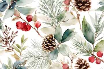 Fototapeta premium Watercolor winter decoration features a unique combination of magnolia leaves, rosemary branches, and spruce trees.