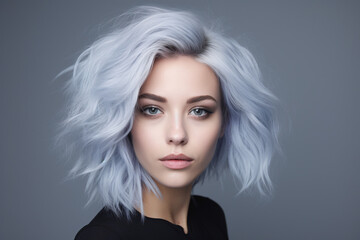 Portrait of beautiful young woman with white dyed hair with bluish hue in front of studio background
