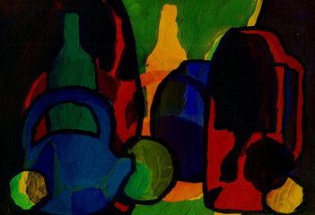 Wine bottles and fruits on a dark background, expressionism, abstract painting