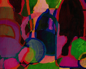Wine bottles and fruits on a dark background, expressionism, abstract painting