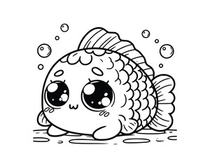 Cute Cartoon Character of fish for coloring book. outline line art. Printable Design. isolated white background