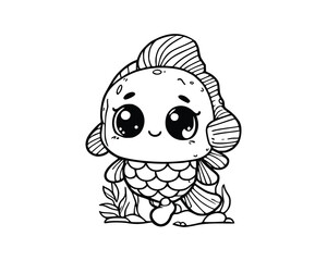 Cute Cartoon Character of fish for coloring book. outline line art. Printable Design. isolated white background