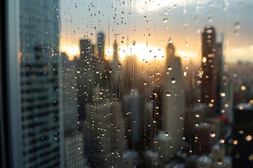 rain water droplets on the glass window with the view of city skyline