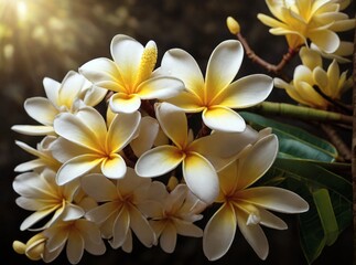 Beautiful white frangipani flower. Generative AI.