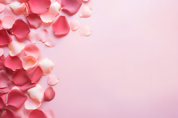 Top view of light and dark pink rose flower petals on side of pastel pink background with copy space