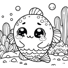 Cute Cartoon Character of fish for coloring book. outline line art. Printable Design. isolated white background