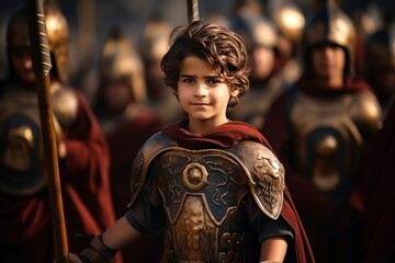 Portrait of a little boy dressed as a medieval knight in front of the royal family - obrazy, fototapety, plakaty