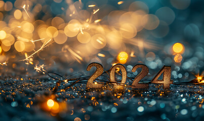 guirlande électrique formant la date de la nouvelle année 2024 brillante et dorée à paillette sur fond bleu foncé festif avec bokeh, pour célébration du nouvel an. Espace négatif texte. - obrazy, fototapety, plakaty