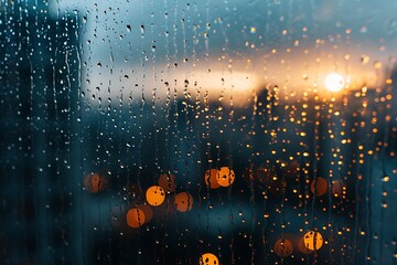 rain water droplets on the glass window with the view of city skyline - obrazy, fototapety, plakaty