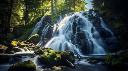 A cascading waterfall in a pristine wilderness,