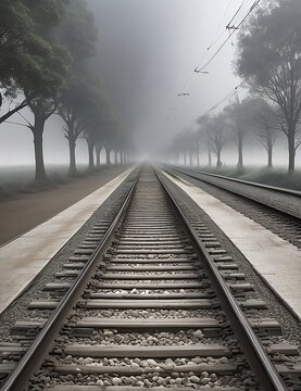 Into the Fog on train track rails misty morning 