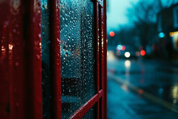 atmospheric photo featuring a red phone booth in the rain, with raindrops glistening on its...