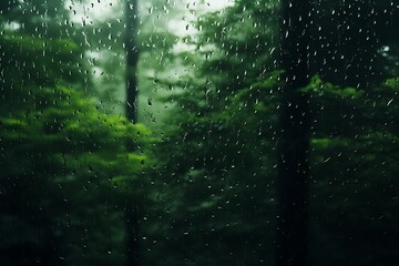 Green forest plants view from the glass window with rainwater droplets