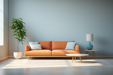 Interior living room with orange and blue design, staged modern interior room