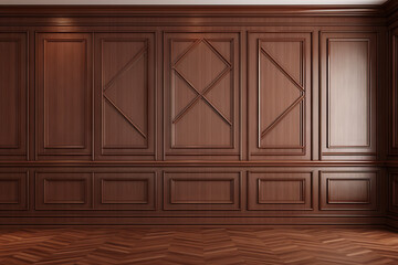 Wood panel hallway with wishbone hardwood flooring, staged modern interior room