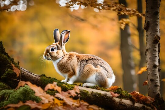 Adorable rabbit perched on a tree in a picturesque fall woodland.