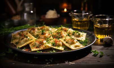 Gourmet Ravioli Pasta Sprinkled with Cheese and Herbs Served on Rustic Table with Whiskey
