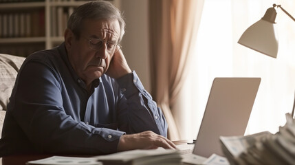 a Retired senior man Facing Financial Challenges: Serious Expression While Reviewing debt Bills and Laptop Indoors. Tax issues, mortgage, foreclosure, penalties and late fees concept - obrazy, fototapety, plakaty
