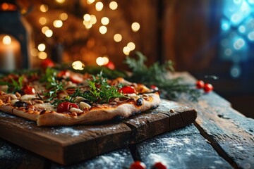 Naklejka na ściany i meble Pizza on a Christmas background