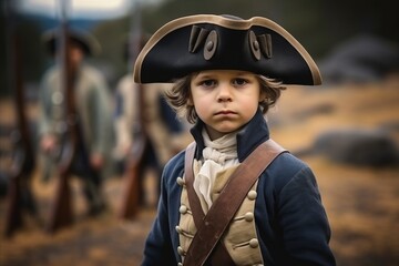 Portrait of a boy dressed as a pirate with a gun.