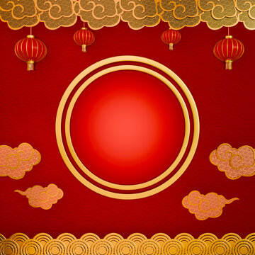 Background image on the auspicious theme of Chinese culture, Chinese New Year, traditional Chinese lines for a banner. Traditional red lanterns and water waves background. 3D Rendering