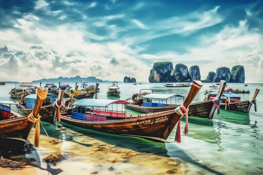 Watercolor painting of boats in Thailand's summer sea near the coast. Generative AI