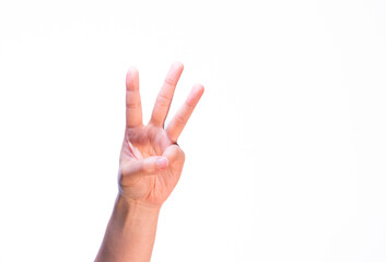 Woman showing three fingers on isolated white background